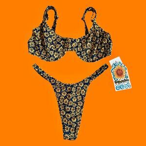 90's vintage sunflower floral hi cut high leg thong bikini 32D/L *deadstock*